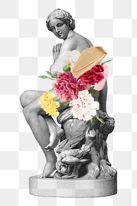 Floral Greek png goddess statue, surreal feminine remixed media on transparent background
