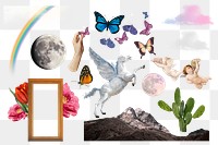 Fantasy aesthetic png collage element, magical creatures and nature set on transparent background