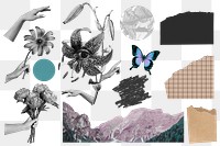 Vintage floral  png collage clipart, ripped papers set on transparent background