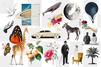 Exotic animals png sticker, aesthetic surreal art set on transparent background