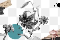 Creepy surrealism png collage, transparent background, vintage flower design