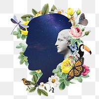 Galaxy portrait png collage element, floral aesthetic, surreal art on transparent background