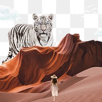 Antelope canyon png border, transparent background, surreal art with tiger, travel remixed media