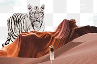 Antelope canyon png border, transparent background, surreal art with tiger, travel remixed media