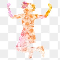 Woman silhouette png, jumping with joy, aesthetic floral clipart