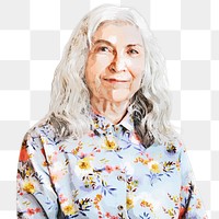 Cheerful senior woman png portrait, watercolor illustration