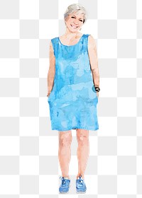 Senior woman png, wearing blue dress, watercolor illustration