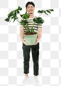 Asian man png monstera plant, watercolor illustration on transparent background