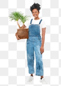 Woman plant stylist png, watercolor illustration with Sago Palm on transparent background