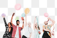 Diverse party png people, birthday celebration, watercolor illustration, transparent background