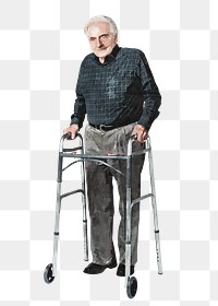 Senior man png using zimmer frame, watercolor illustration, transparent background