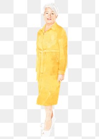 Senior woman png  yellow dress, watercolor illustration, full body on transparent background