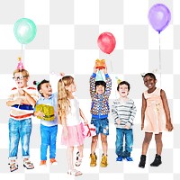 Party diverse png kids, birthday celebration, watercolor illustration on transparent background