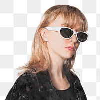 Cool teenage girl png wearing sunglasses, watercolor illustration on transparent background