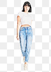 Confident woman png, street fashion, watercolor full body illustration, transparent background