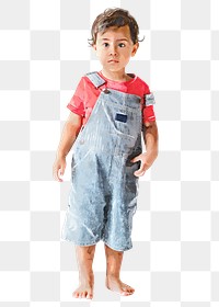 Toddler wearing png jeans overalls, kids fashion illustration, transparent background