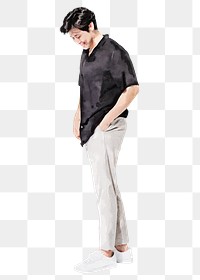 Asian man smiling png, watercolor illustration, hand in pocket on transparent background