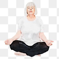 Old woman png meditating, wellness, watercolor illustration, transparent background