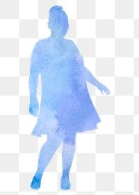 Blue chubby png woman silhouette, watercolor, confident body gesture on transparent background