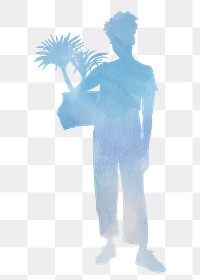 Woman png holding plant silhouette, hobby, watercolor illustration on transparent background