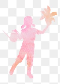 Little girl png holding plant silhouette, hobby, watercolor illustration on transparent background