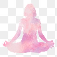 Lotus png yoga pose silhouette, woman illustration in watercolor design, transparent background