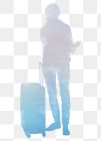 Woman png with luggage silhouette, travel, watercolor illustration, transparent background