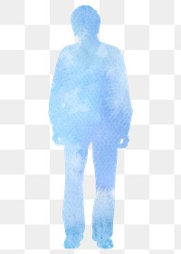 Man standing png, aesthetic watercolor silhouette clipart in blue, transparent background