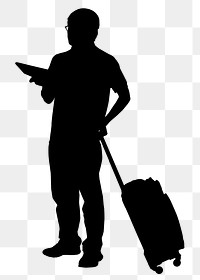 Man png with travel luggage silhouette, full body gesture on transparent background