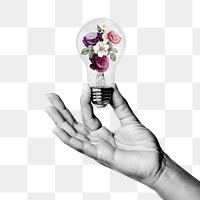 PNG hand grayscale, holding light bulb collage element, transparent background