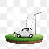 Electric car png, renewable energy floating island, transparent background