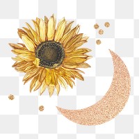 Blooming sunflower with a glittery crescent moon design element transparent png