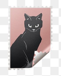 Aesthetic post stamp png, stationery object, cat illustration on transparent background