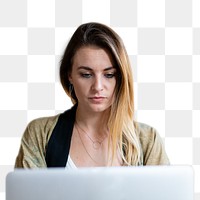 Businesswoman png mockup working on a laptop