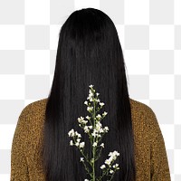 Asian woman png cut out, holding flower branch, Spring aesthetic on transparent background