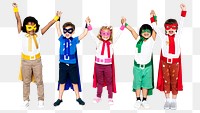 Superhero kids png clipart, raising hands, transparent background