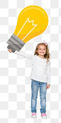 Little girl png sticker, holding light bulb, transparent background