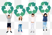 Png children holding recycle symbol, sustainable living, transparent background