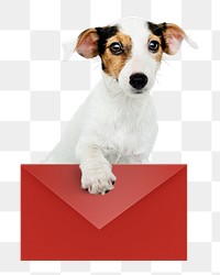 Valentine's puppy png sticker, holding envelope, cute collage element on transparent background