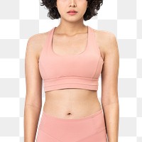 Woman png mockup in pink sports bra and leggings sportswear fashion set