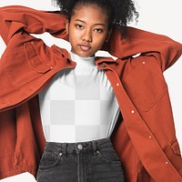 Png turtleneck transparent mockup with orange jacket street fashion shoot