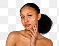 PNG woman applying foundation collage element, makeup, transparent background