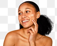 PNG woman applying foundation collage element, makeup, transparent background