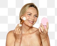 PNG woman applying blush collage element makeup, transparent background