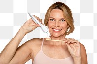 Woman brushing teeth png collage element, dental care transparent background