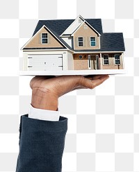 Hand png presenting house, real estate agent on transparent background