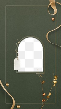 Green festive png background, arch frame with gold ribbon