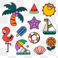 Beach vacation png sticker set, cute colorful designs, transparent background 