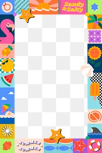 Funky beach png doodle frame, colorful design, transparent background