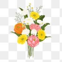 Colorful flower png bouquet clipart, realistic illustration on transparent background